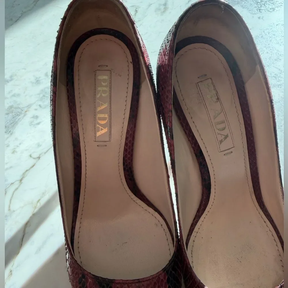 Prada Women's Burgundy and Beige Snakeskin Peep Toe Heels